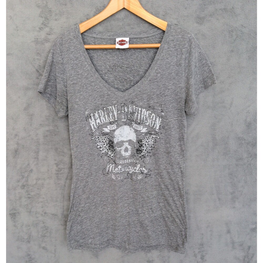Harley Davidson Skull Wings T-Shirt Womens XL Gray V-Neck Short Sleeve Y2K